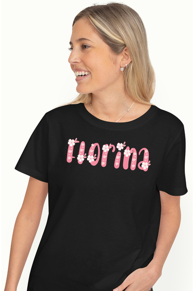 StoryGift Romania Tricou Femei Cu Numele Florina, Flori, Colorat, Roz, Dragut, cu imprimeu pe Fat BLK_XS