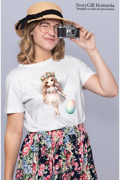 StoryGift Romania Tricou Femei cu o fetita dragalasa cu aripi de ingeras, ilustratie, ou vopsit, s WHT_L