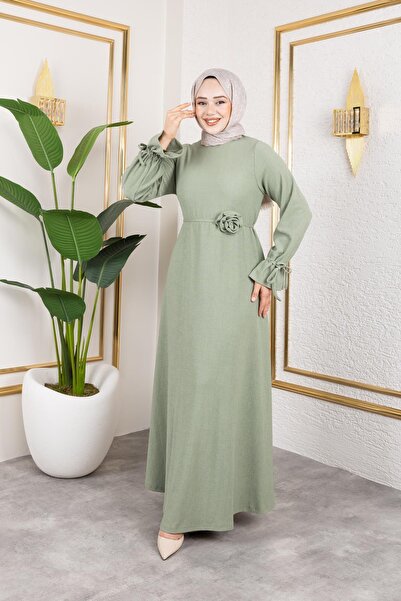 Moda Ebva Kol Büzgülü Gül Detaylı Elbise-5030 Su yeşili