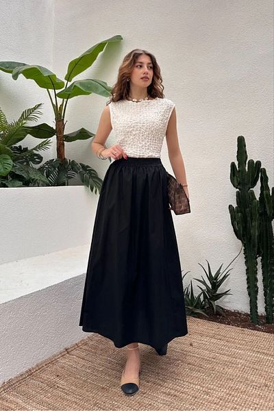 MY QILAM NUMĂRUL 10 MODĂ FEMEIE NEGRĂ TALIE ELASTICĂ POPLIN FUSTA EVAZĂ CU BUCURI 10NMR180