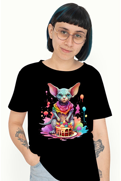 StoryGift Romania Tricou Femei cu o pisicuta Sfinx, ilustratie, tort, anivers...