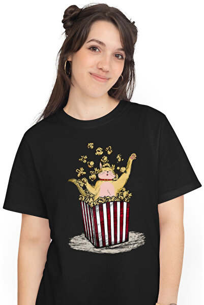 StoryGift Romania Tricou Femei cu pisica in popcorn, ilustratie, arunca floricelele, galbena, zgar BLK_L