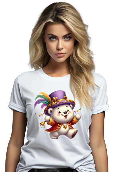 StoryGift Romania Tricou Femei cu un ursulet alb care e la circ, ilustratie, palarie, pene, distra WHT_L