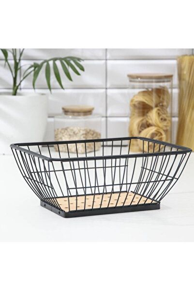 PUFO metal fruit bowl, with bamboo bottom, rectangular, 28 x 22.5 cm, black
