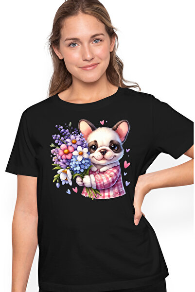 StoryGift Romania Tricou Femei cu un catel fericit care tine un buchet cu flo...