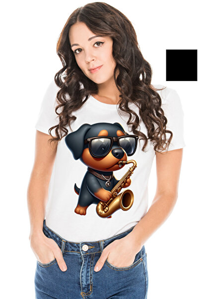 StoryGift Romania Tricou Femei cu un catel Rottweiler care canta la saxofon, ...