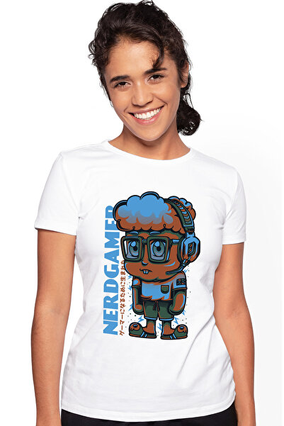 StoryGift Romania Tricou Femei Cu Figurina Baiat Par Gret Gamer, Ochelarii De Verdere Casti audio, WHT_S