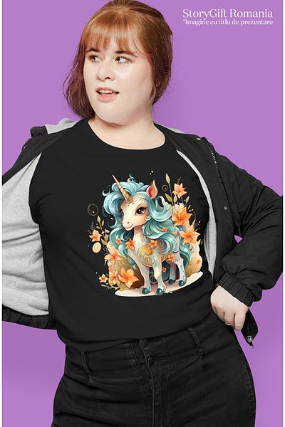 StoryGift Romania Women's T-shirt with a cheerful unicorn, illustration, smiling, orange flowers, plants BLK_XL