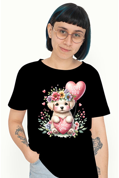 StoryGift Romania Tricou Femei cu un catelus, ilustratie, tine o inimioara cu...