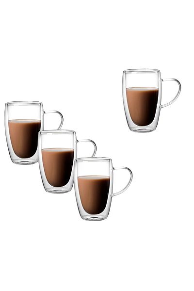 Herum Set de 4 căni cu pereți dubli, pentru cafea, ceai, din sticlă, transparente, 450 ml