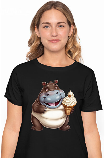 StoryGift Romania Tricou Femei cu un hipopotam care tine o inghetata cu vanil...