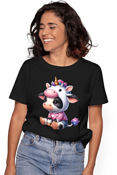 StoryGift Romania Tricou Femei cu o vacuta cu o caciulita de unicorn, ilustratie, bluza cu inimioa BLK_XS