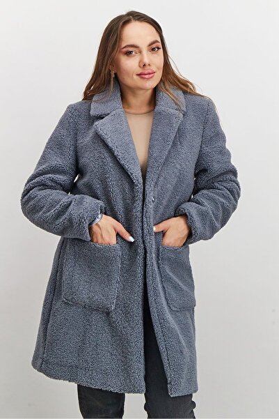 French Connection Women Notch Collar Faux Fur Coat, Blue Grey