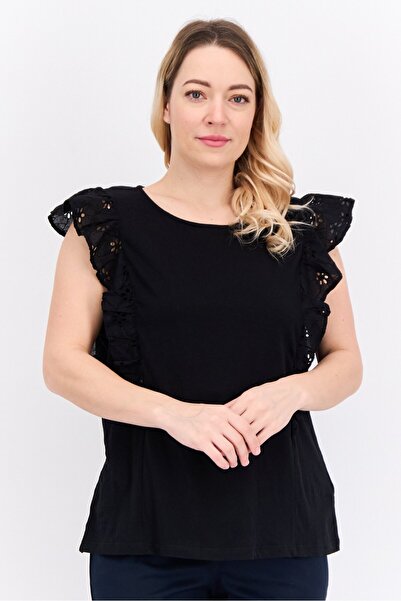 Nautica بلوزة نسائية بفتحة رقبة دائرية وأكمام مكشكشة، لون أسود