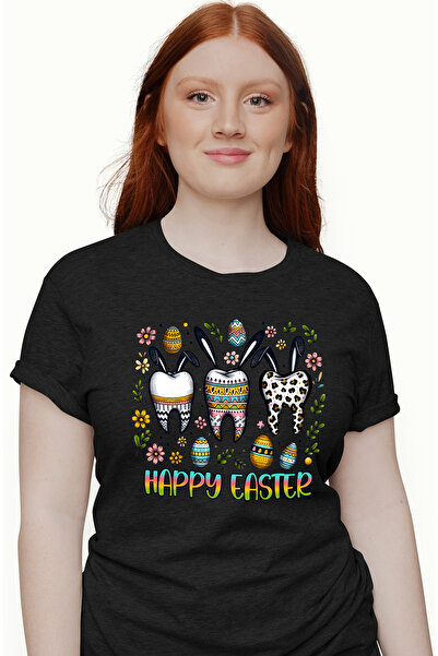 StoryGift Romania Tricou Femei cu mesajul "Happy Easter", profesie, ilustratie, munca, dedicare, p BLK_L