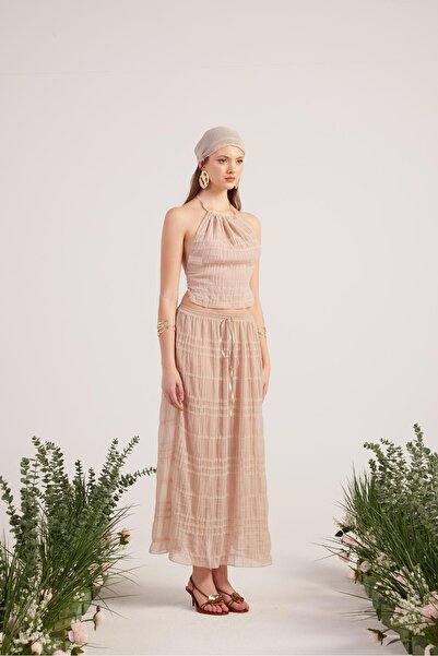 HOLLY LOLLY Shawl Detailed Skirt Blouse Triple Bohemia Suit Beige