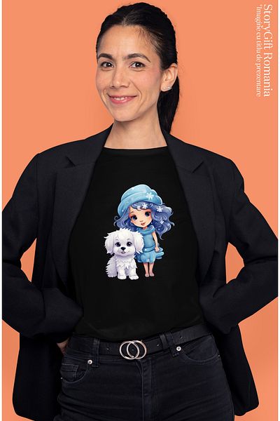 StoryGift Romania Tricou Femei Cu O Fetita Care Are Un Catel Alb, Ilustratie, Ninge, Fulgi De Nea, Blk_l