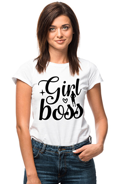 StoryGift Romania Tricou Femei cu o figura de fata si textul in engleza "Girl boss" - fata sefa c WHT_XS