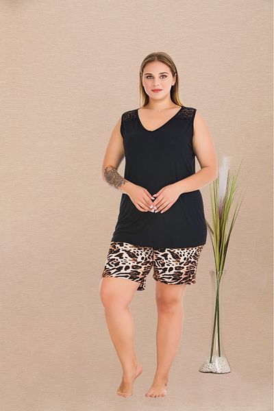 Lady Lingerie Set de damă cu bretele largi, mărime king-size, cu pantaloni scurți cu imprimeu leopard