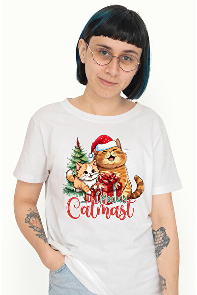 StoryGift Romania Tricou Femei cu 2 pisici cu mesajul "Meowy Catmas!", cadour...