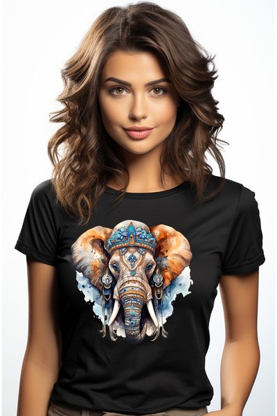StoryGift Romania Tricou Femei cu un elefant pictat cu diferite simboluri, ilustratie, abstract, i BLK_XS