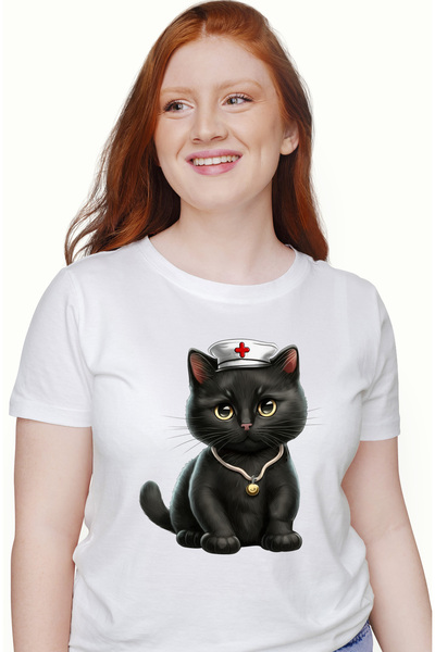 StoryGift Romania Tricou Femei cu o pisicuta cu boneta medicala, asistenta, i...