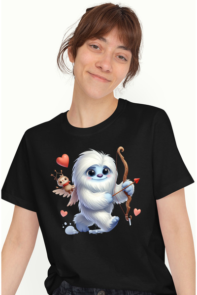 StoryGift Romania Tricou Femei cu un Yeti Cupidon, ilustratie, trage cu arcul, inimi, indragostire BLK_M
