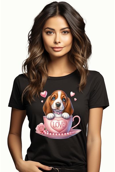 StoryGift Romania Women's T-shirt with a puppy with long ears, illustration, sitting in a cup, happy BLK_XS