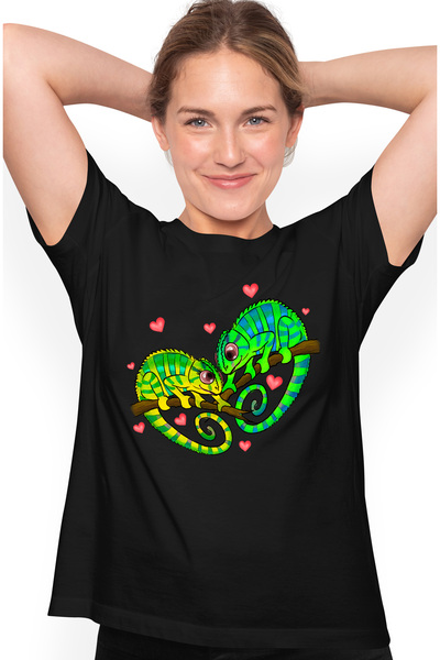 StoryGift Romania Tricou Femei cu 2 cameleoni, inimioare rosii, Valentine's D...