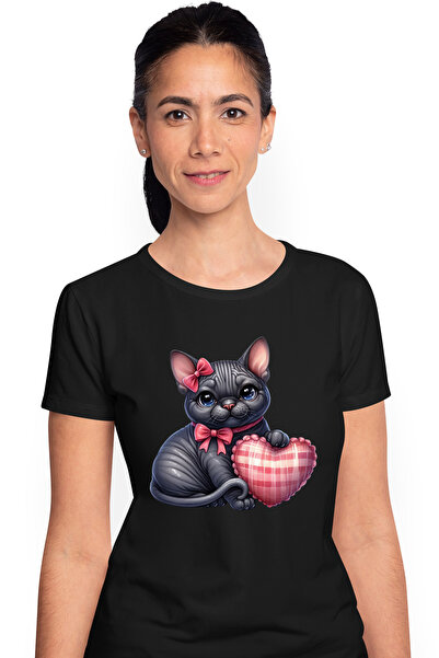 StoryGift Romania Tricou Femei cu o pisicuta neagra care tine o inima, ilustr...