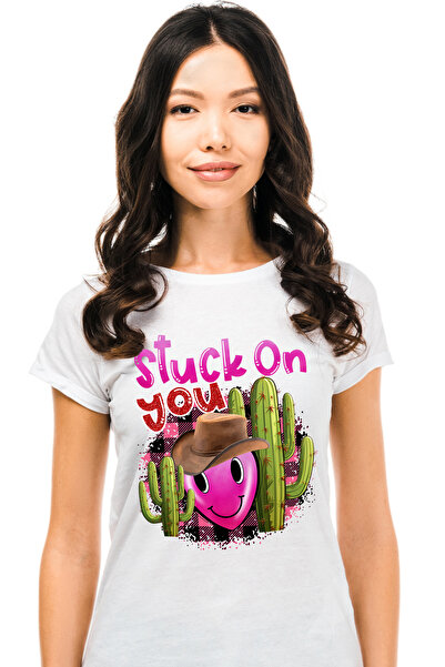 StoryGift Romania Tricou Femei cu mesajul "Stuck on you", agatat, cactusi, lipit, blocat, inima, i WHT_S