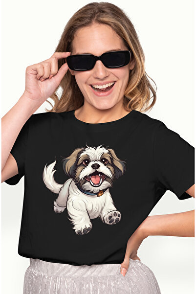 StoryGift Romania Tricou Femei cu un catelus blanos de talie mica, ilustratie, vesel, salta de buc BLK_L