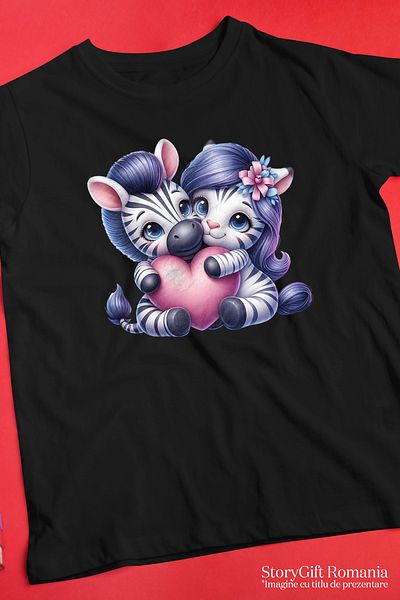 StoryGift Romania Women's T-shirt with 2 zebras hugging, illustration, holding a heart, relationship, BLK_S