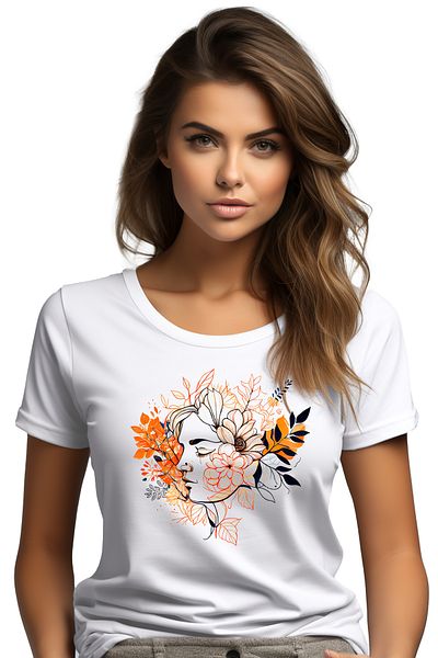 StoryGift Romania Women's T-shirt with a woman's face, illustration, orange leaves, abstract art, WHT_XS