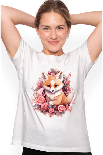 StoryGift Romania Tricou Femei cu o vulpe inconjurata cu flori, ilustratie, p...