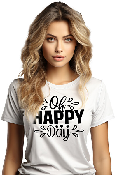 StoryGift Romania Tricou Femei cu mesajul "Oh, happy day" - ziua bucuriei inimioare cu imprimeu p WHT_XS
