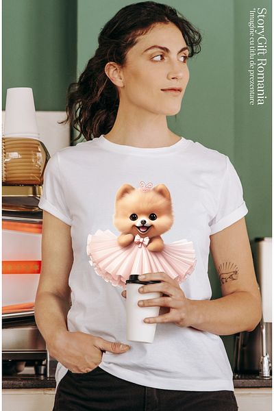 StoryGift Romania Tricou Femei cu Pomeranian dansand, caine, animal de companie, ilustratie, costu WHT_L