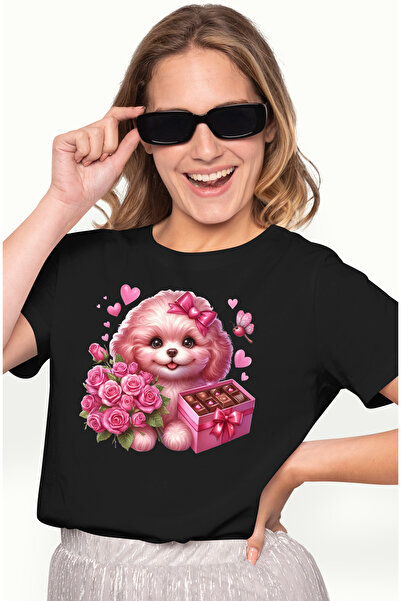 StoryGift Romania Tricou Femei cu o catelusa care a primit cadouri, buchet cu trandafiri, ciocolat BLK_L