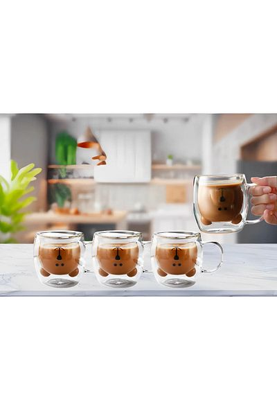 Herum Set de 4 căni cu pereți dubli, model ursuleț de pluș, rezistente la căldură, transparente, 260 ml