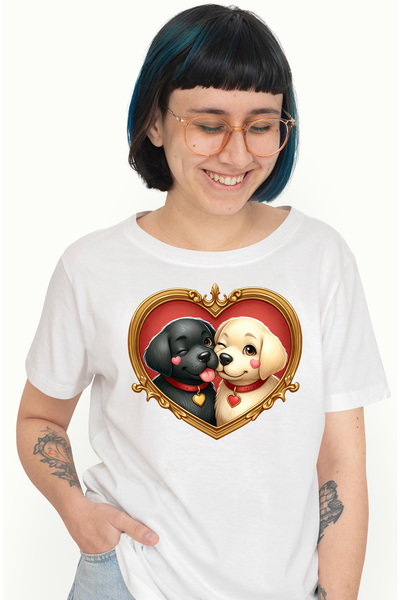 StoryGift Romania Tricou Femei cu o catelusa si un catel, ilustratie, cadru in forma de inima, mar WHT_S