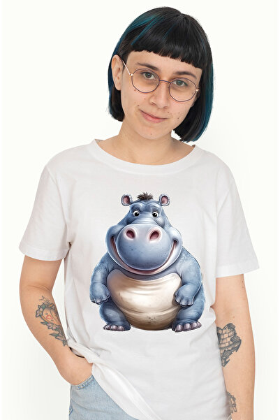 StoryGift Romania Tricou Femei cu un hipopotam gras, ilustratie, a mancat pre...