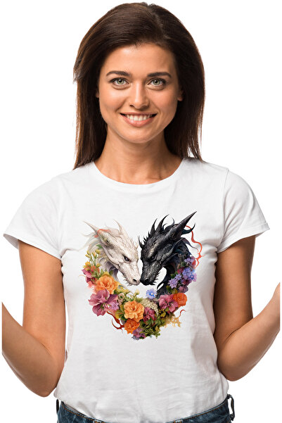 StoryGift Romania Tricou Femei cu 2 dragoni care formeaza o inima, ilustratie...