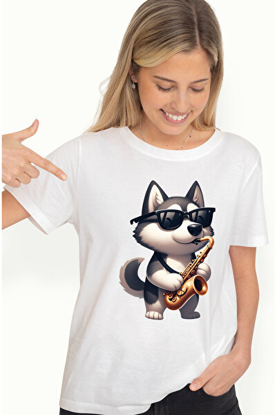 StoryGift Romania Tricou Femei cu un caine Husky care canta la saxofon, ilustratie, ochelari de so WHT_XL