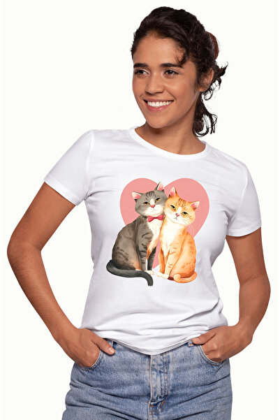 StoryGift Romania Tricou Femei cu 2 pisici apropiate cu inima pe fundal, ilus...