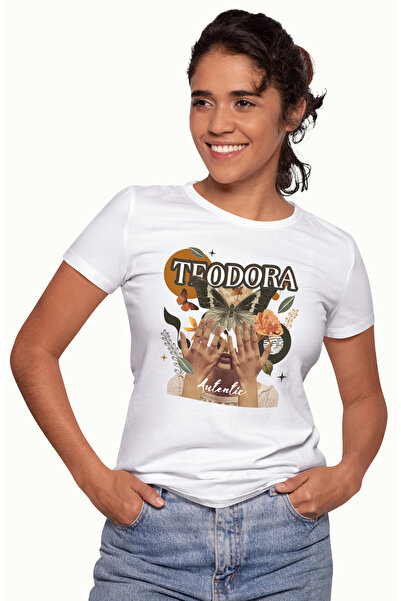 StoryGift Romania Tricou Femei Cu Numele Teodora, Colaj Fata, Fluture, Flori, Cerc, cu imprimeu p WHT_M