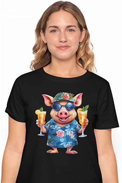 StoryGift Romania Tricou Femei cu un porc in vacanta, ilustratie, loc exotic,...
