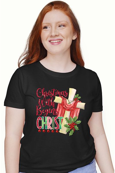 StoryGift Romania Tricou Femei cu Crucea Mantuitorului cu mesajul "Christmas Begins With Christ", BLK_L
