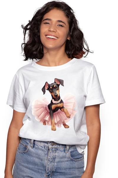 StoryGift Romania Tricou Femei cu Doberman in fusta de balerina, caine, animal de companie, ilustr WHT_S