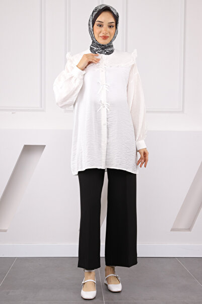 İmajButik Ecru Baby Collar Bow Detailed Shirt