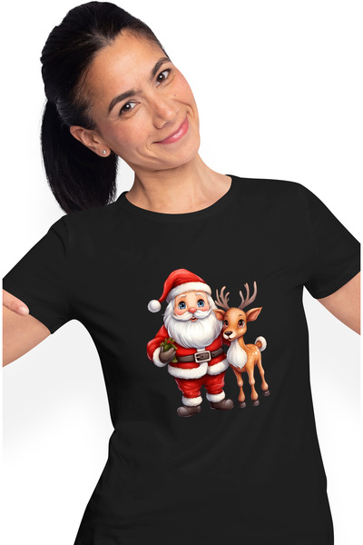 StoryGift Romania Tricou Femei cu Mos Craciun care sta langa un ren, ilustrat...